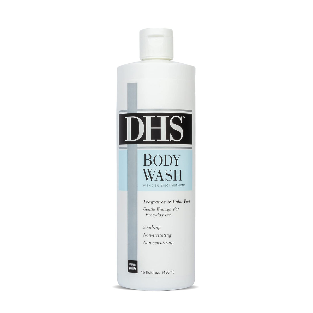 Person & Covey DHS Body Wash bottle pour showing gentle cleansing for sensitive skin
