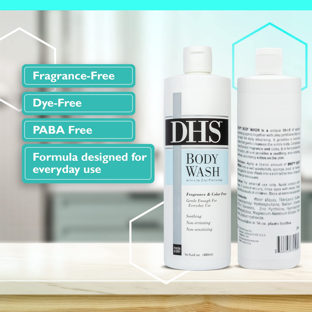 Label close-up of Person & Covey DHS Body Wash highlighting unscented, pH-balanced formula