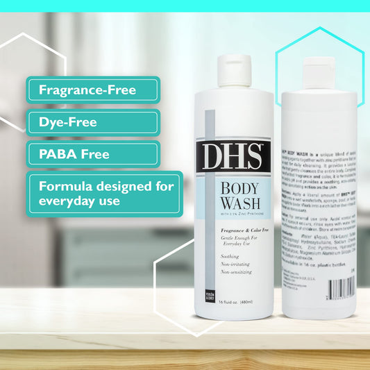 Label close-up of Person & Covey DHS Body Wash highlighting unscented, pH-balanced formula
