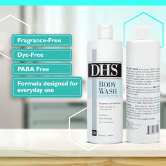 Label close-up of Person & Covey DHS Body Wash highlighting unscented, pH-balanced formula