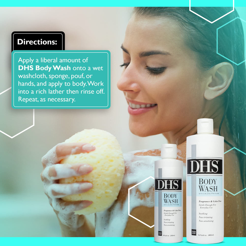 Zinc pyrithione mention on Person & Covey DHS Body Wash label for dry skin care