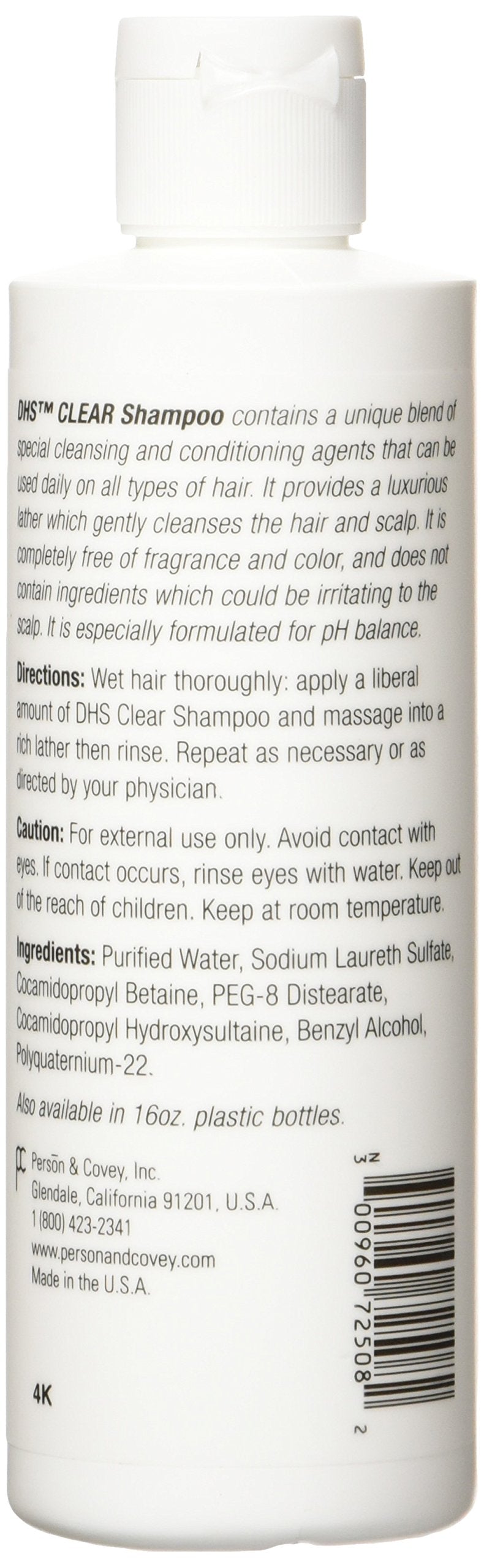 Person & Covey DHS Clear Shampoo bottle back label with usage guidance for safe daily use