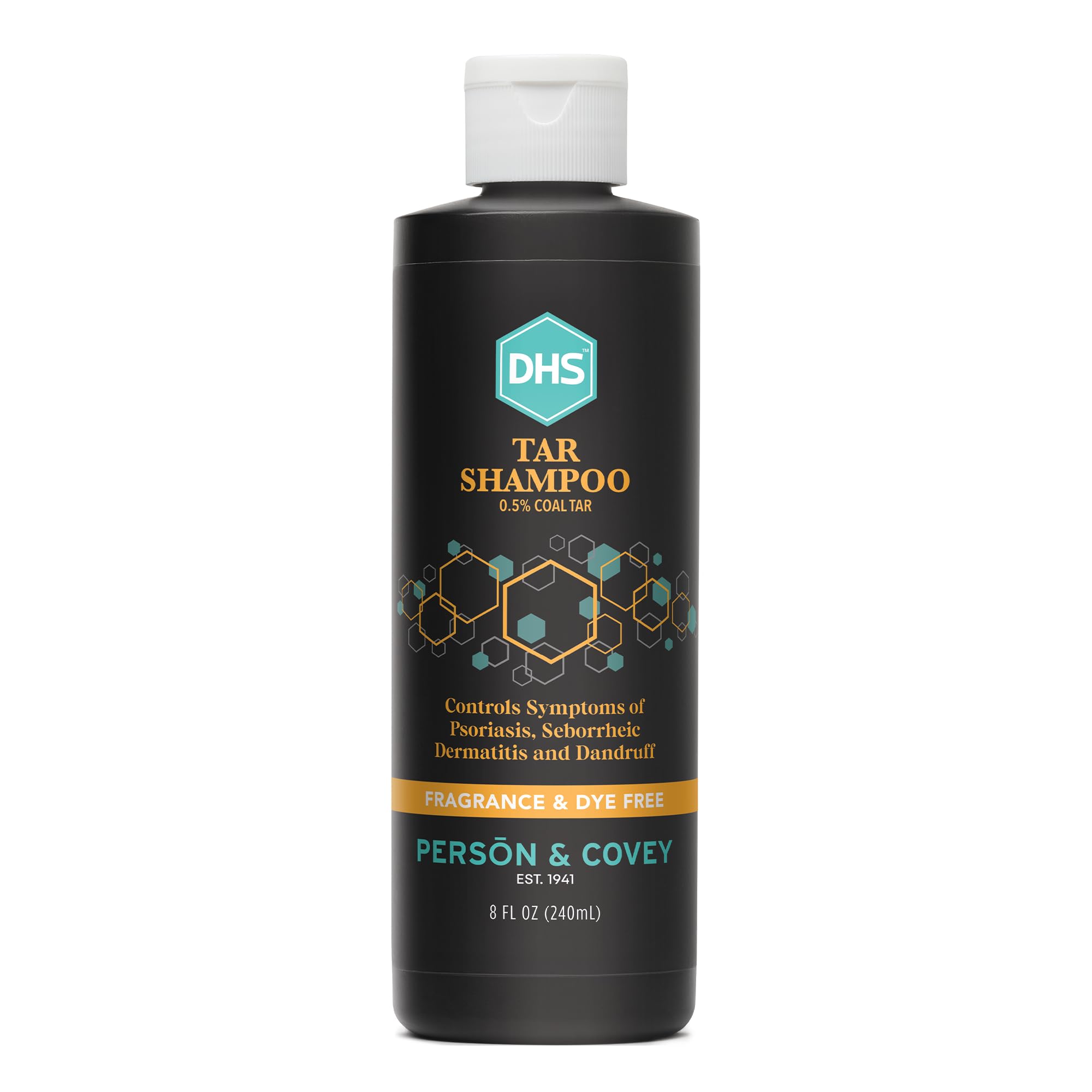 Person & Covey DHS Tar Shampoo 8 oz bottle shown for scalp care