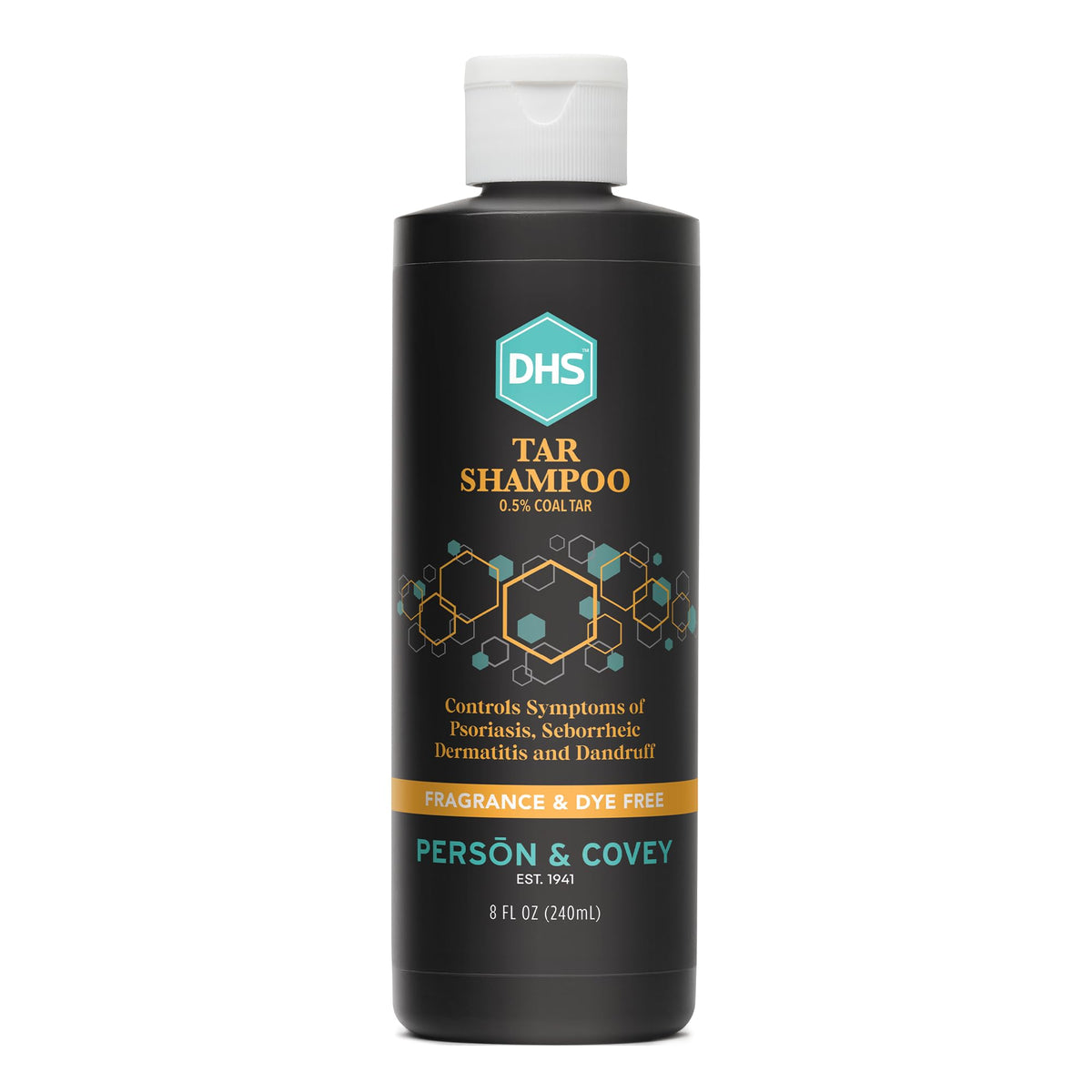 Person & Covey DHS Tar Shampoo 8 oz bottle shown for scalp care
