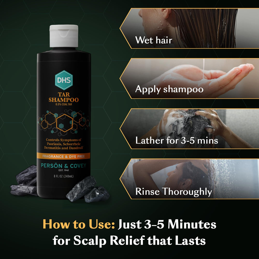 Dye-free formula noted on the Person & Covey DHS Tar Shampoo label