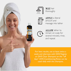Person and Covey DHS Tar Shampoo label close-up highlighting cleansing benefits