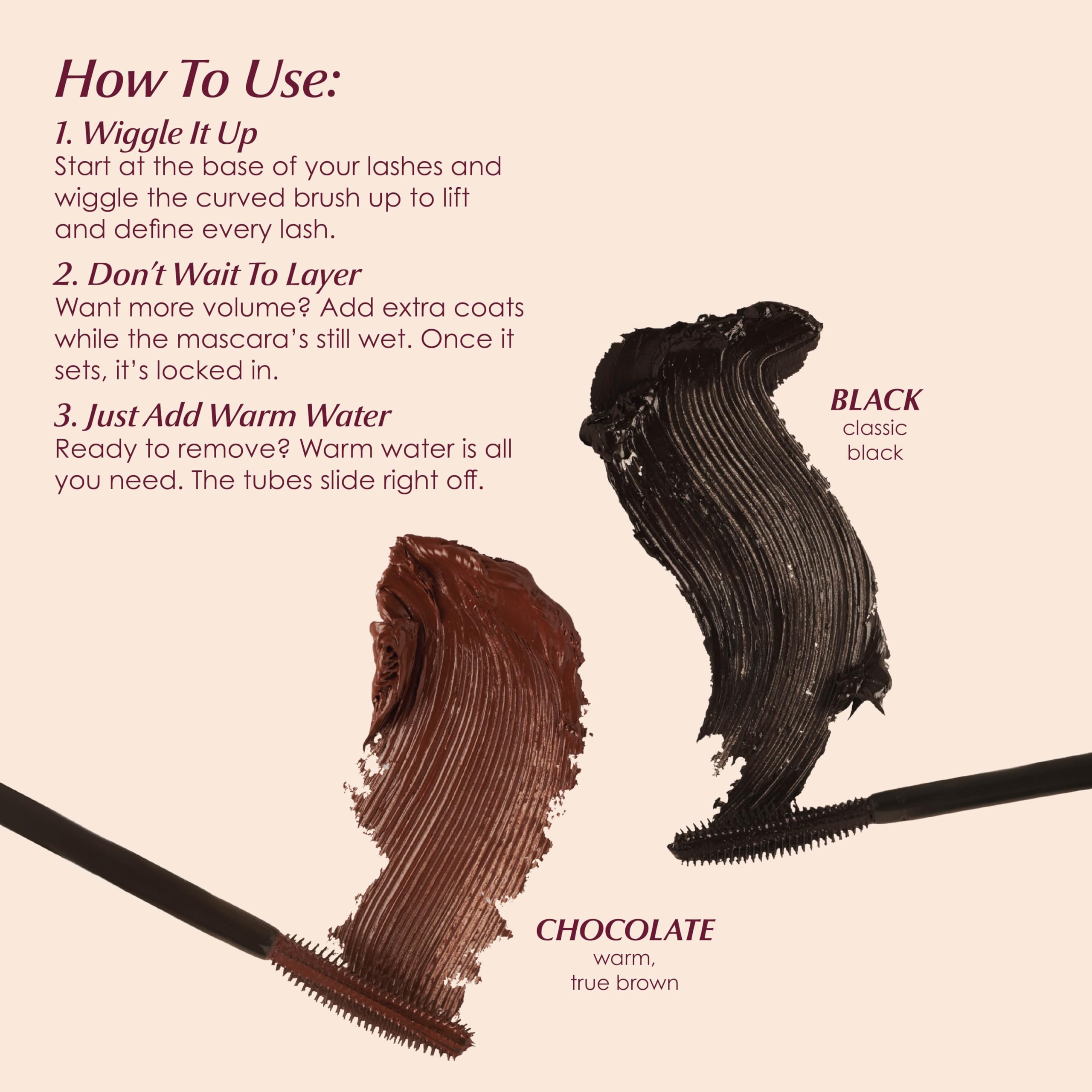 Swatches demonstrate buildable volume on natural lashes with depth.