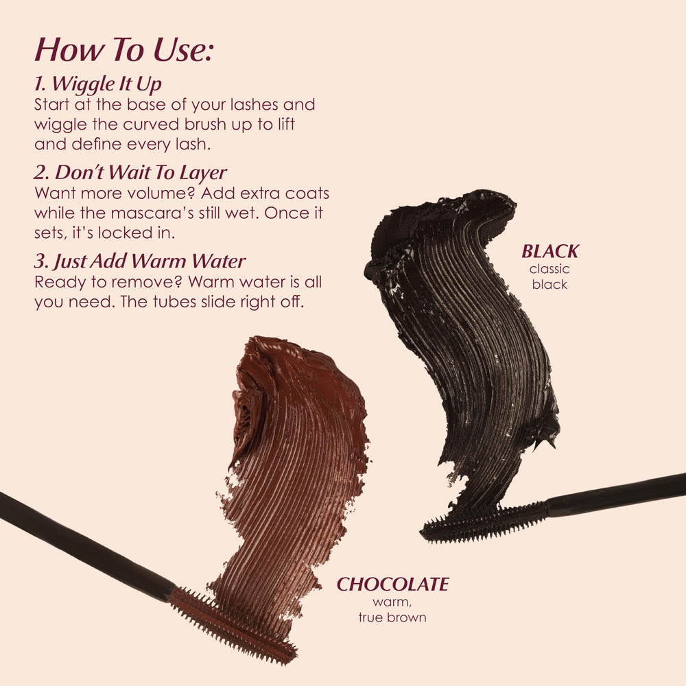 Swatches demonstrate buildable volume on natural lashes with depth.
