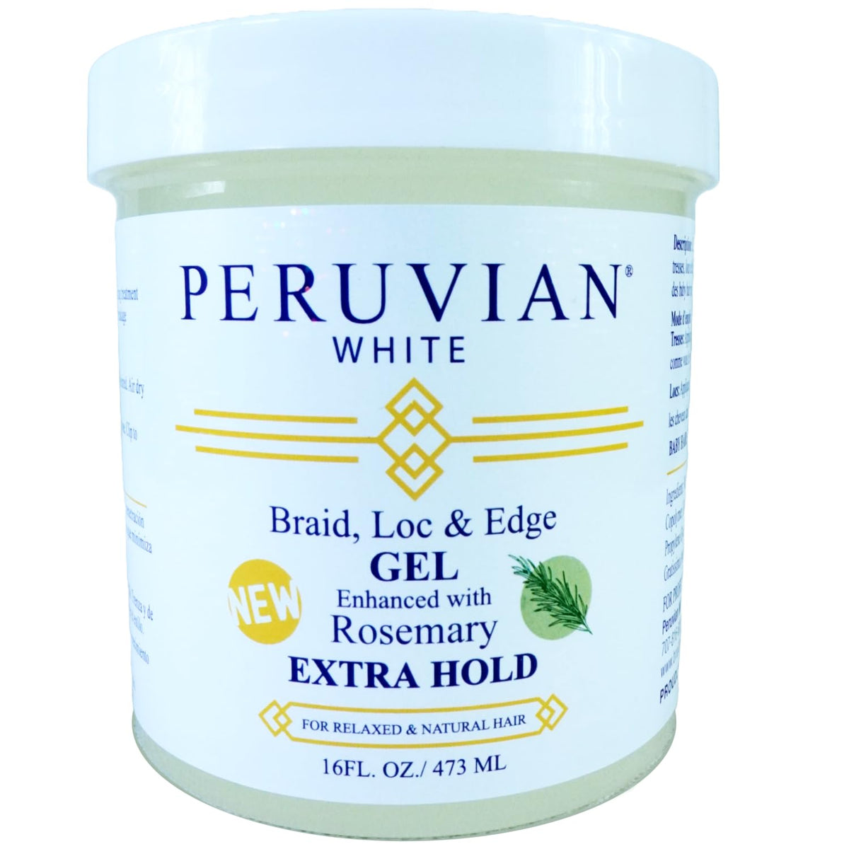 Peruvian White braid-loc-edge-gel rosemary bottle offers strong hold for protective styles.