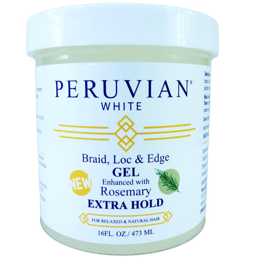 Peruvian White braid-loc-edge-gel rosemary bottle offers strong hold for protective styles.