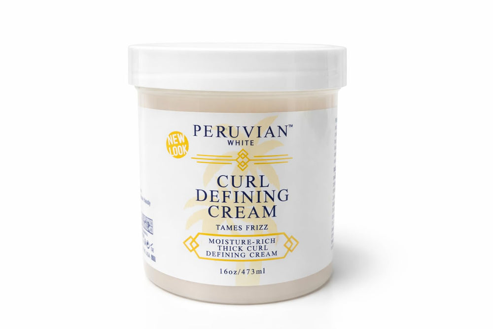 Peruvian White Curl Defining Cream bottle showcasing frizz control and shine.