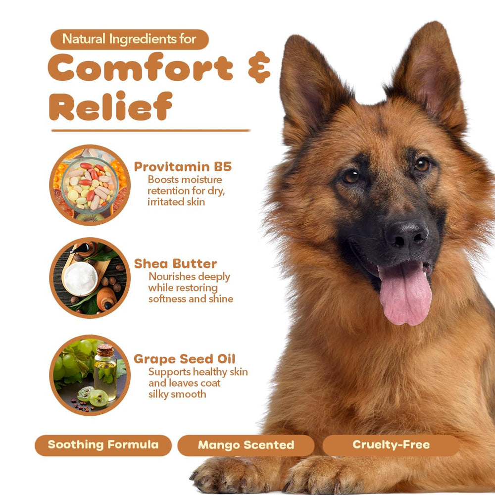 P.E.T. Scratchiez application on a dog's coat for soothing results.