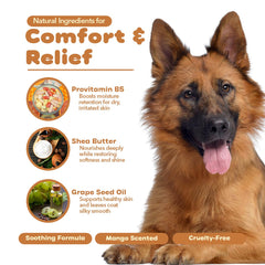 P.E.T. Scratchiez application on a dog's coat for soothing results.