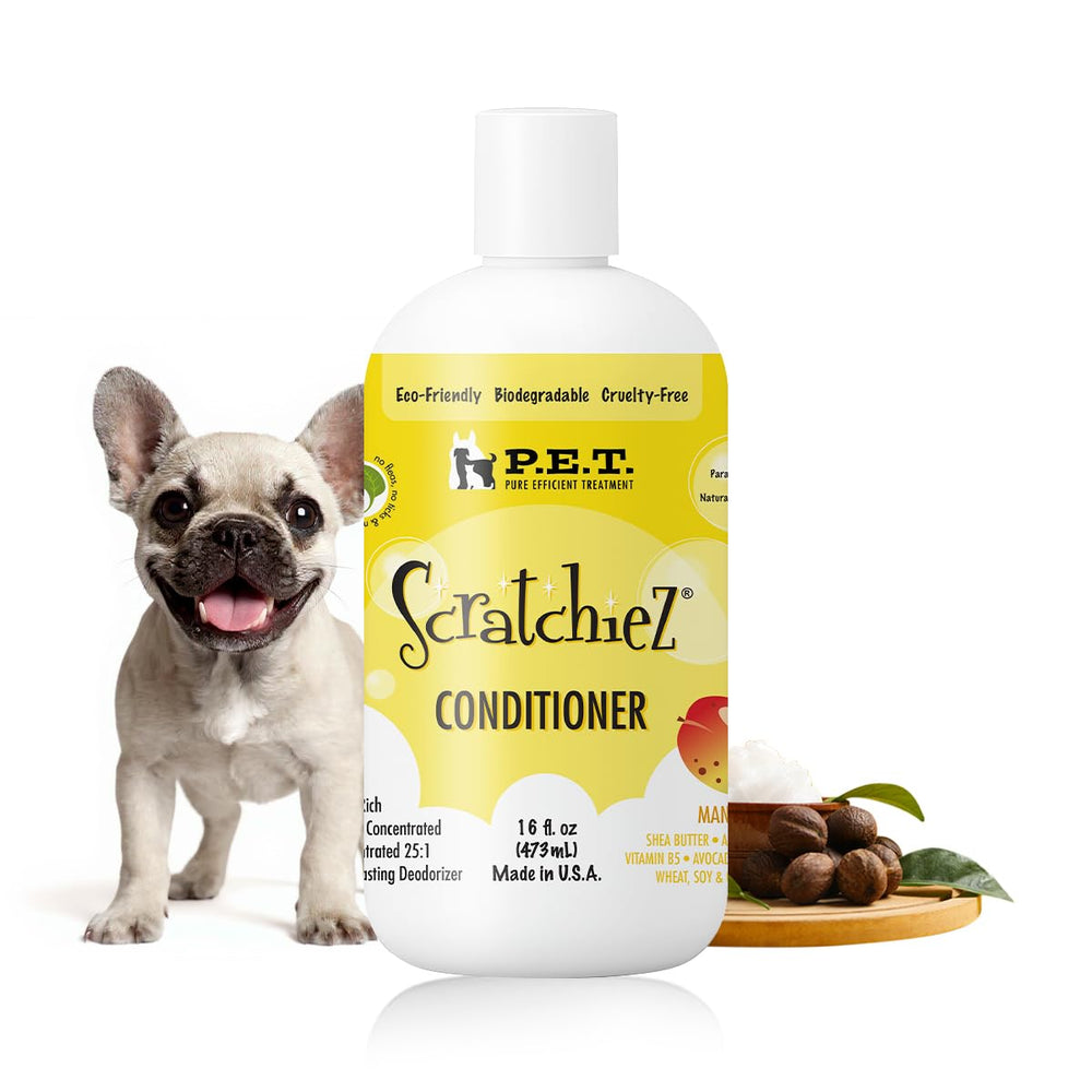 P.E.T. Scratchiez conditioner bottle front with mango coconut scent for dogs and cats.