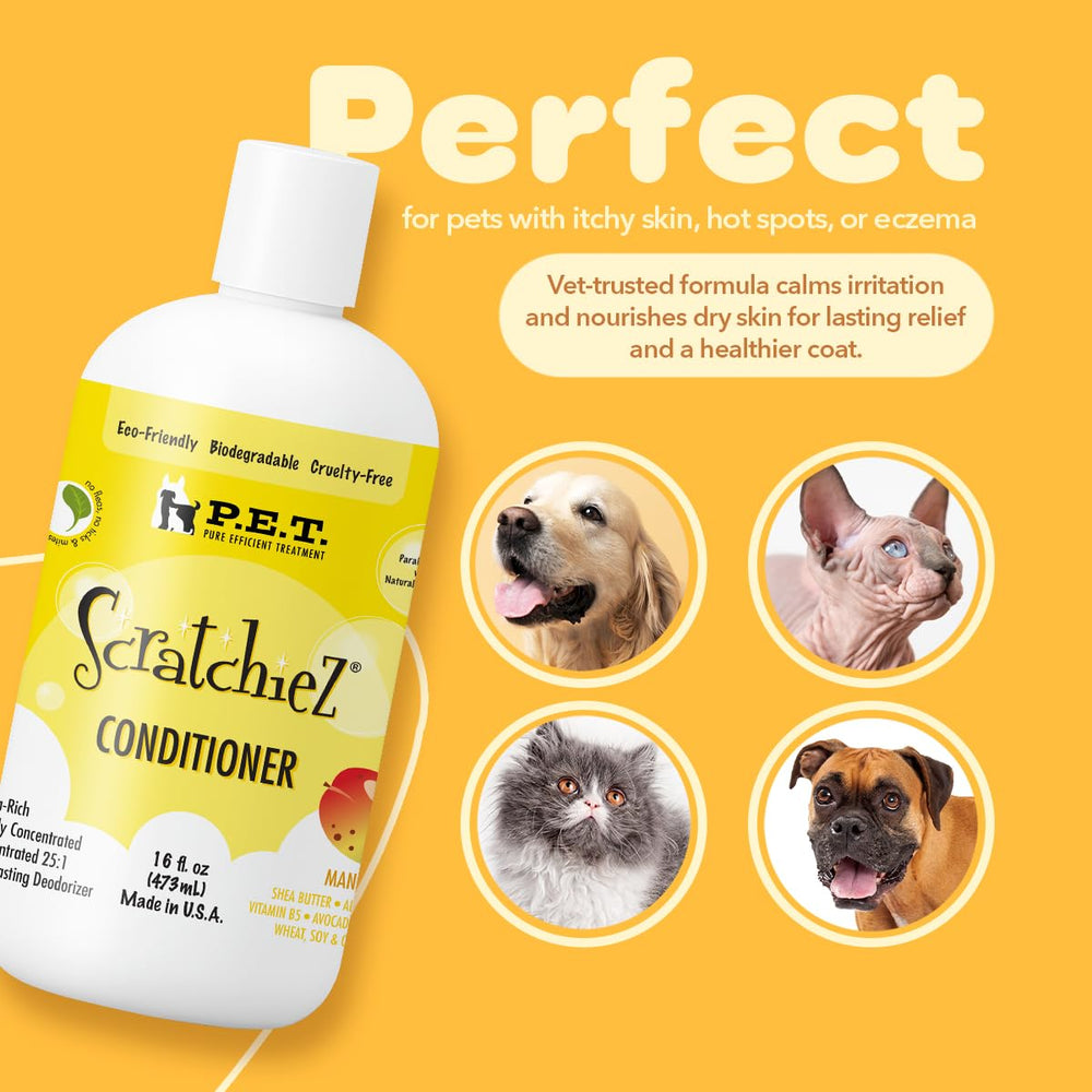 P.E.T. Scratchiez for cats delivers gentle conditioning suitable for sensitive skin.