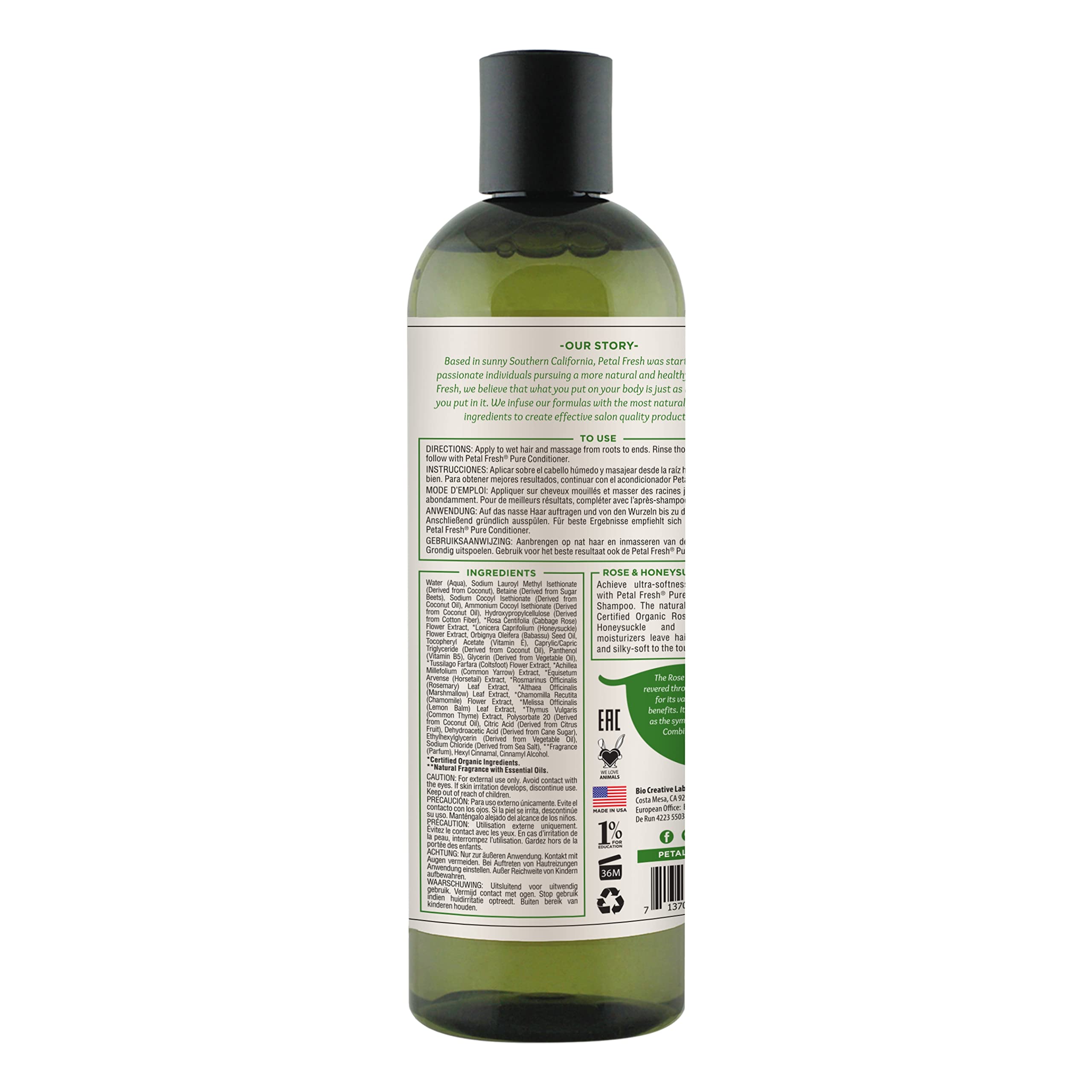 Petal Fresh Rose & Honeysuckle Shampoo bottle back highlights the botanical blend for healthy cleansing.