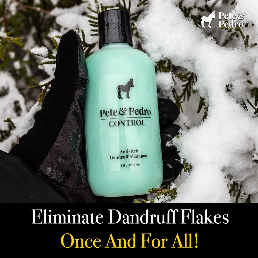 Pete & Pedro CONTROL coal tar formula highlights strong dandruff action.