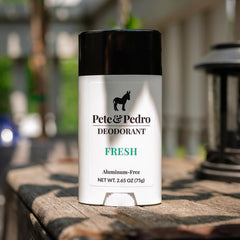 Pete & Pedro Fresh ingredients panel shows paraben- and baking soda-free benefits.