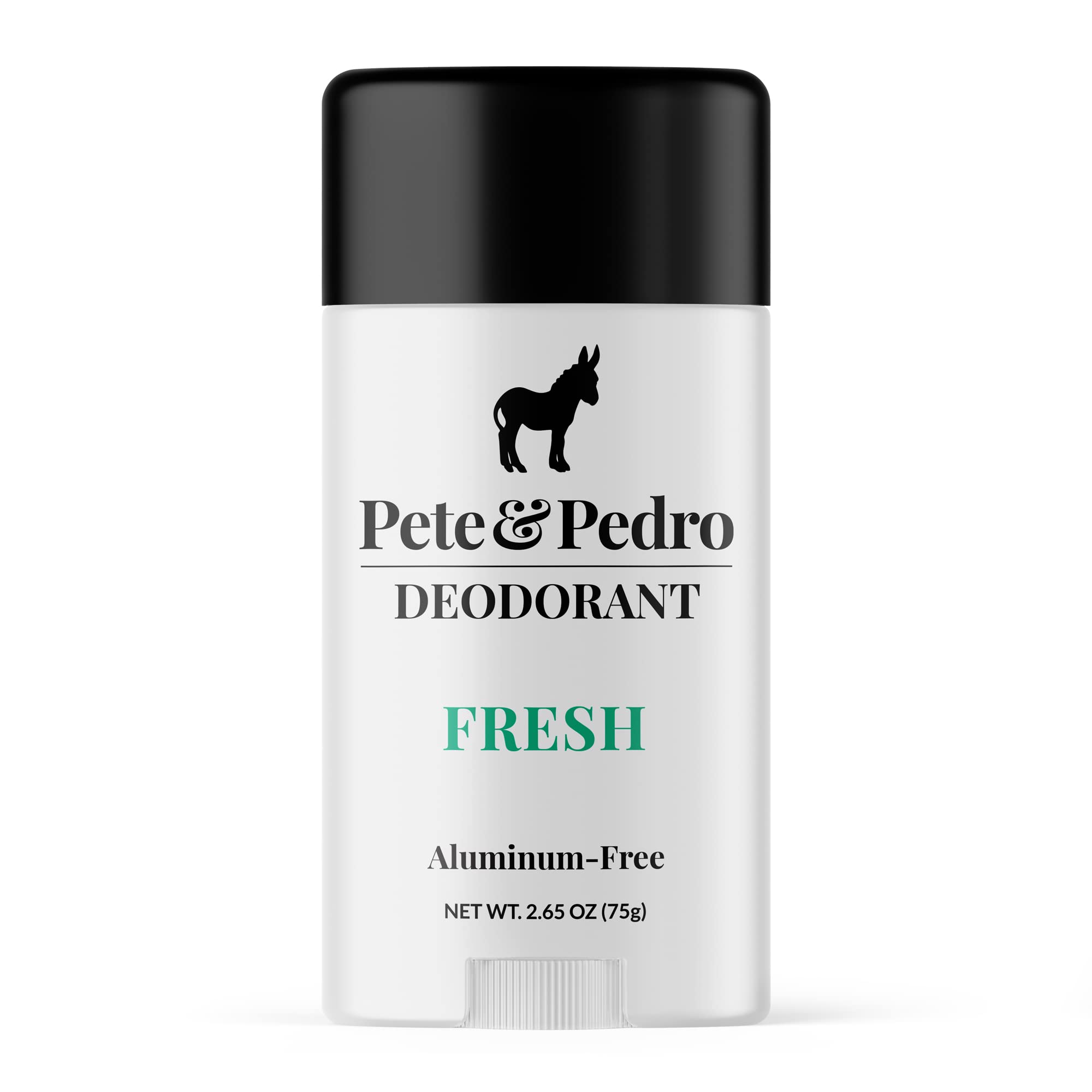 Pete & Pedro Fresh natural deodorant bottle shows all-day odor control and refreshing scent.