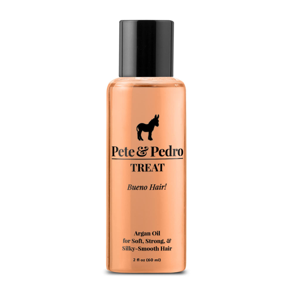 Pete & Pedro TREAT bottle pour for silky, frizz-free hair.
