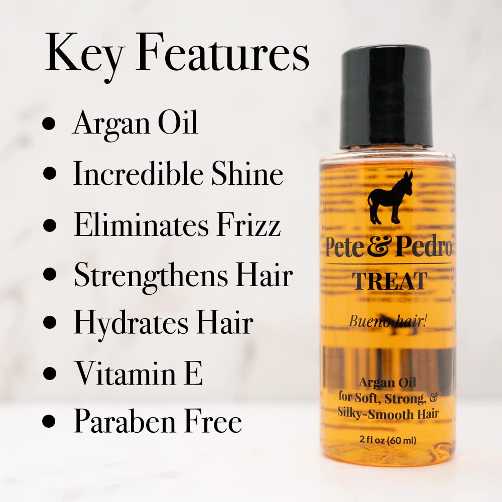 Close-up of Pete & Pedro TREAT ingredients with argan oil and vitamin E benefits.