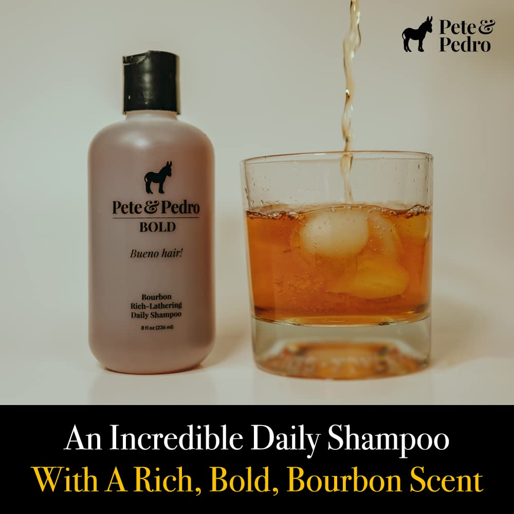 Pete & Pedro Bold volume-boost formula shown on bottle for all hair types.