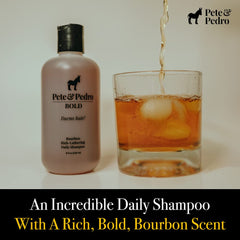Pete & Pedro Bold volume-boost formula shown on bottle for all hair types.