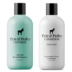 Pete & Pedro Control shampoo bottle closeup highlights anti-dandruff action and peppermint freshness.