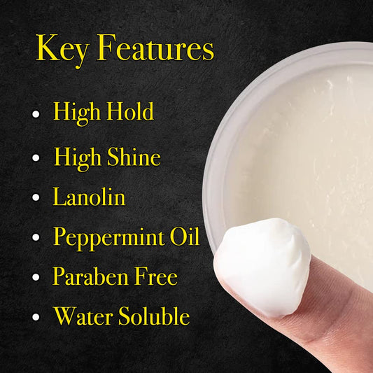 Pete & Pedro Hair Pomade Shine Detail reveals high-gloss finish for polished looks.