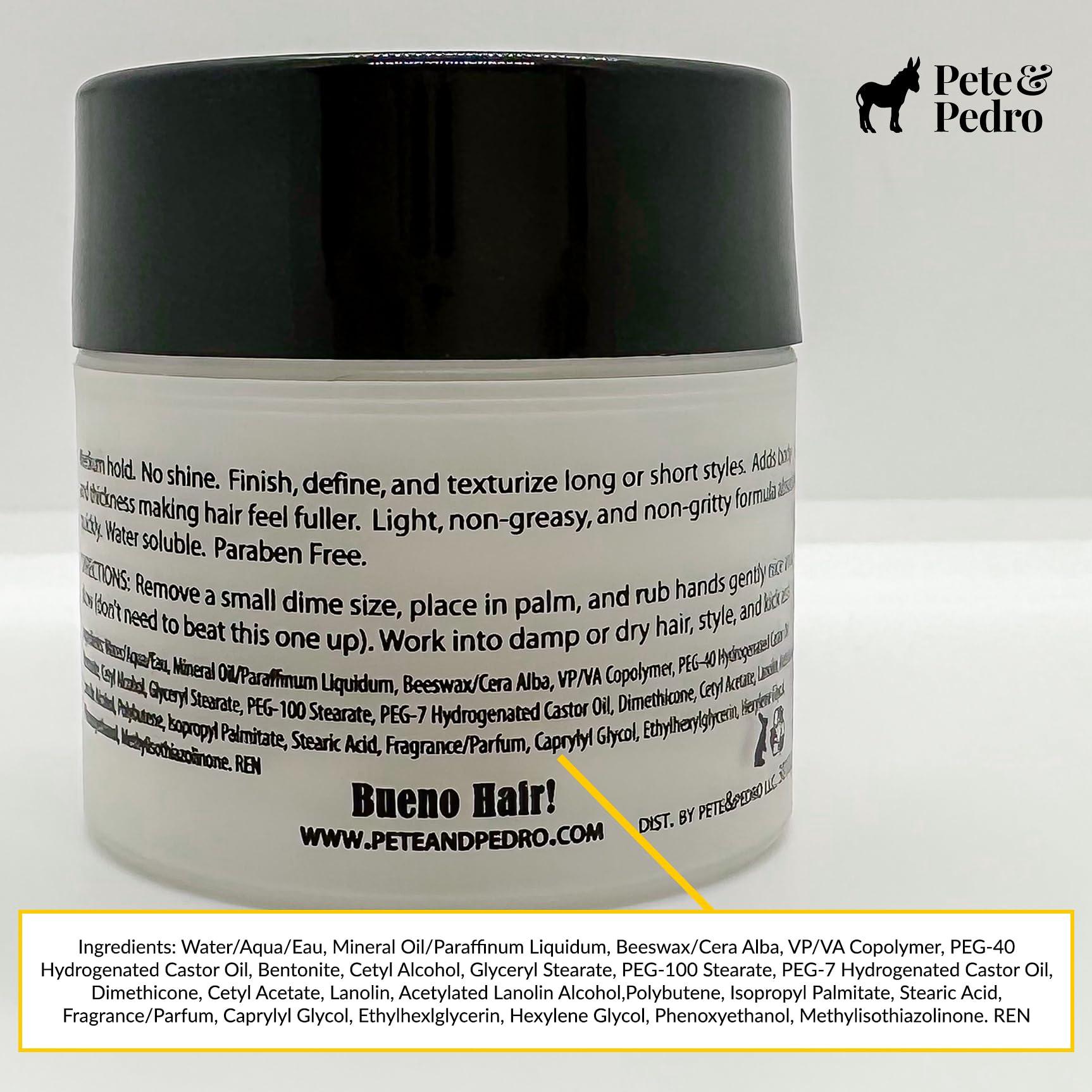 Pete & Pedro Hair Styling Clay beeswax and bentonite ingredients for hold.