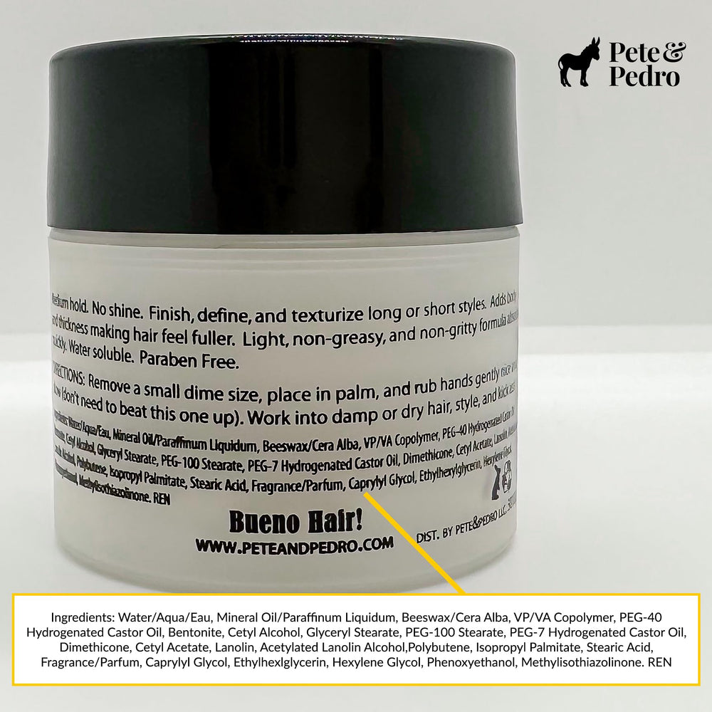 Pete & Pedro Hair Styling Clay beeswax and bentonite ingredients for hold.