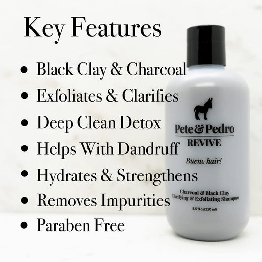 Close-up of black clay and charcoal blend in the REVIVE shampoo packaging