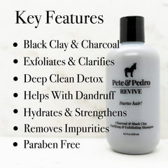 Close-up of black clay and charcoal blend in the REVIVE shampoo packaging