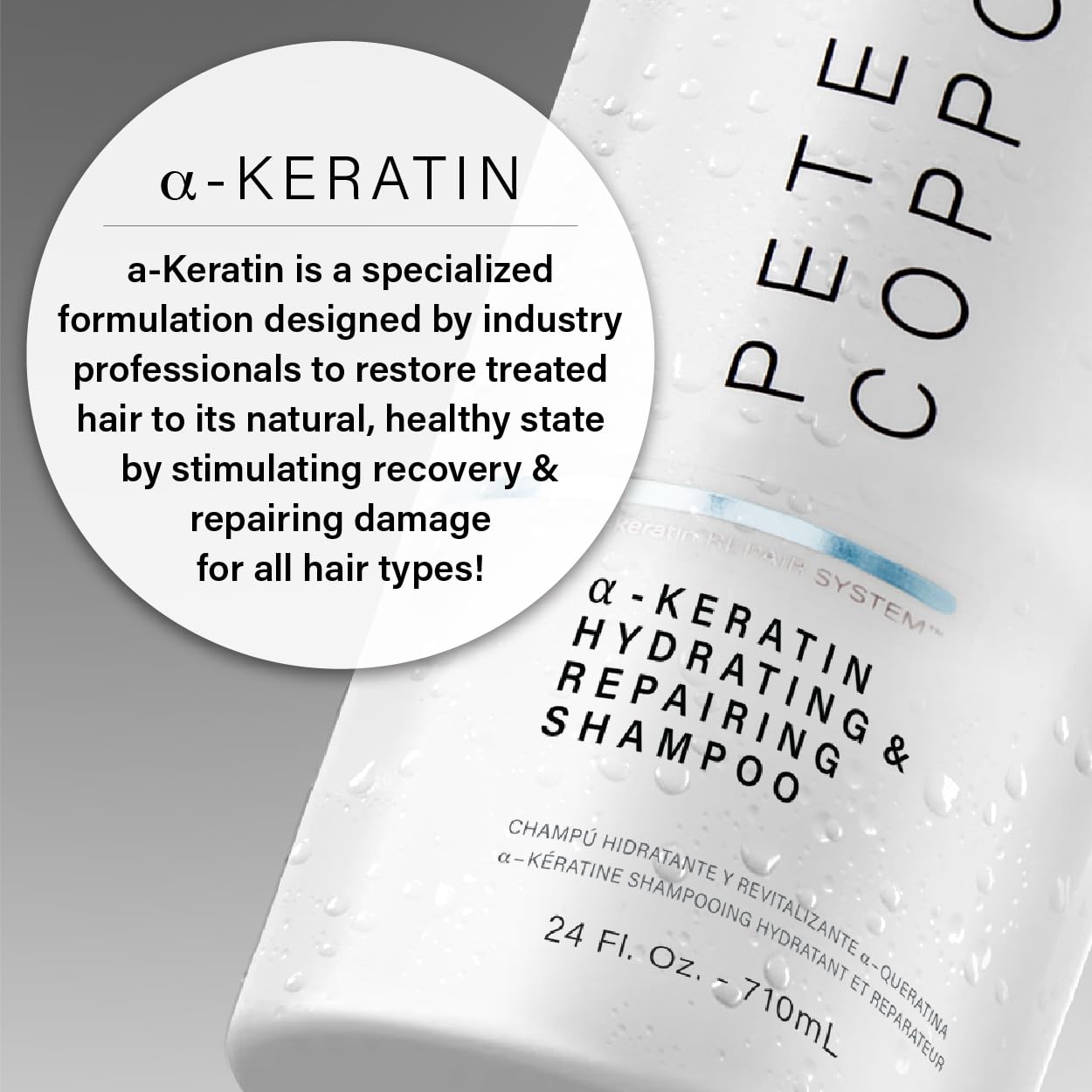 PETER COPPOLA a-Keratin Hydrating Shampoo after-wash finish promises silkier, more manageable hair.