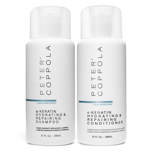 Peter Coppola a-Keratin hydrating shampoo bottle highlights nourishing cleanse for damaged hair.
