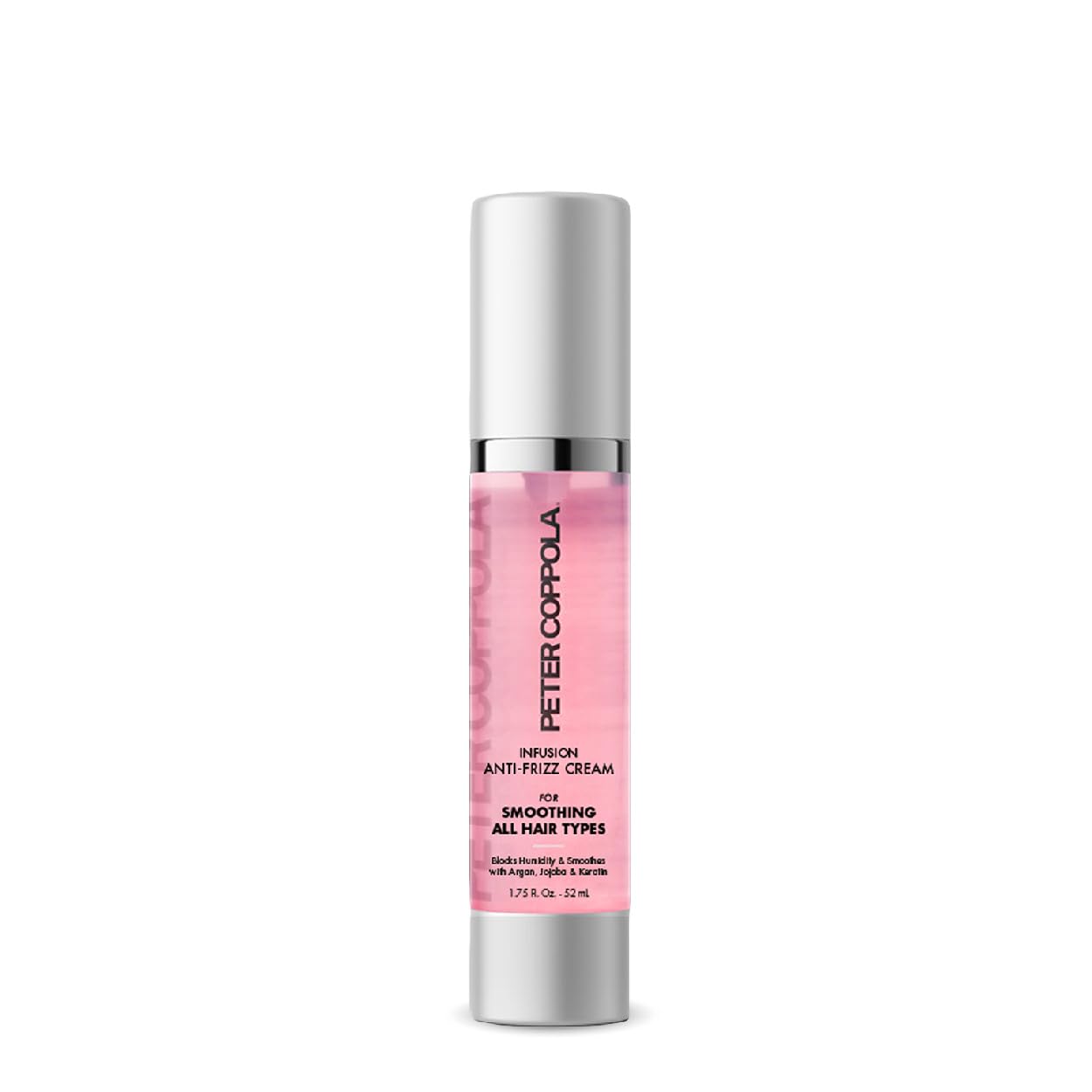 Peter Coppola Infusion Anti-Frizz Cream bottle pour for effortless smoothness and frizz control.