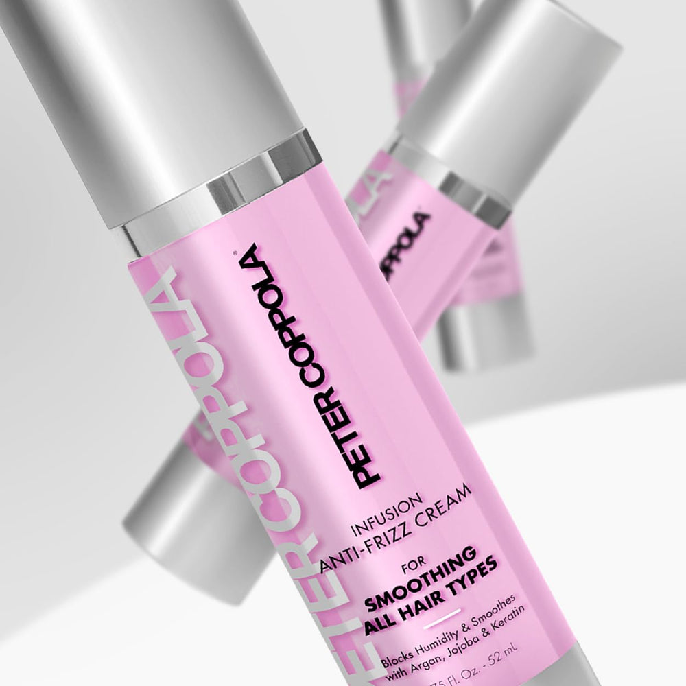 Peter Coppola Infusion Anti-Frizz Cream hair-smoothing scene suggests lasting softness and controlled curls.