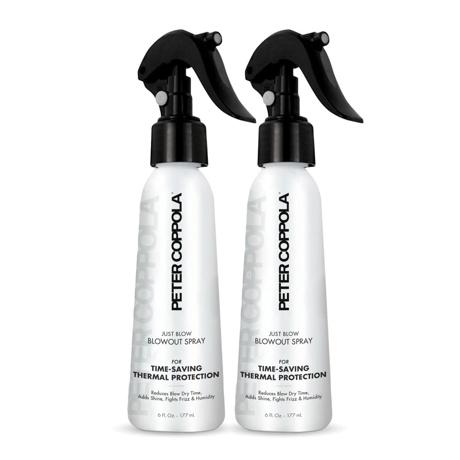 Peter Coppola Just Blow spray bottle for heat protection before styling.