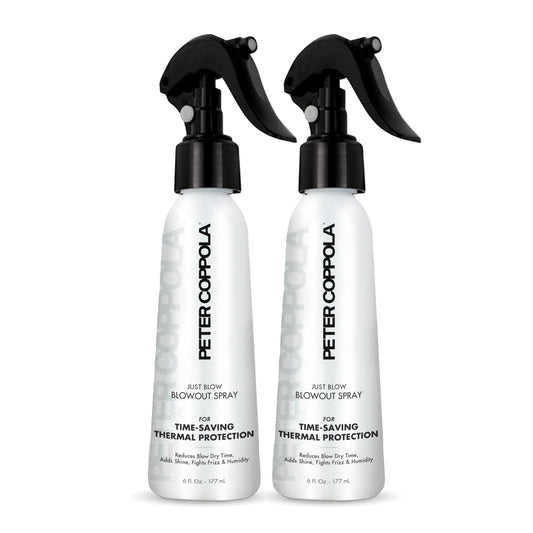 Peter Coppola Just Blow spray bottle for heat protection before styling.