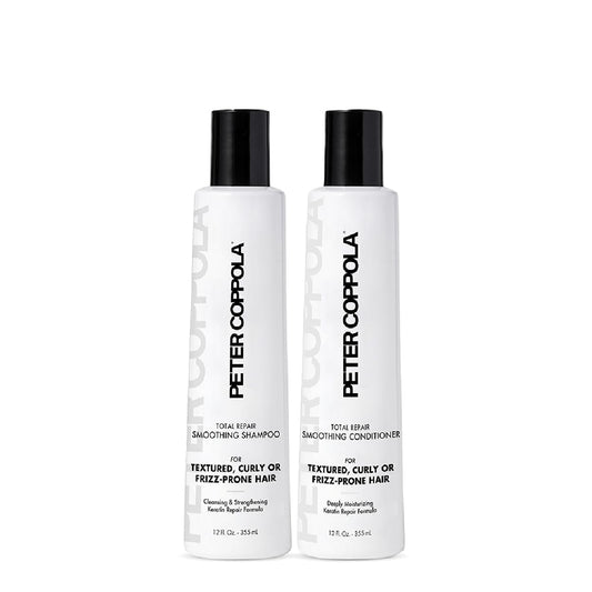 Peter Coppola Total Repair Shampoo bottle front, color-safe and sulfate-free for keratin aftercare.