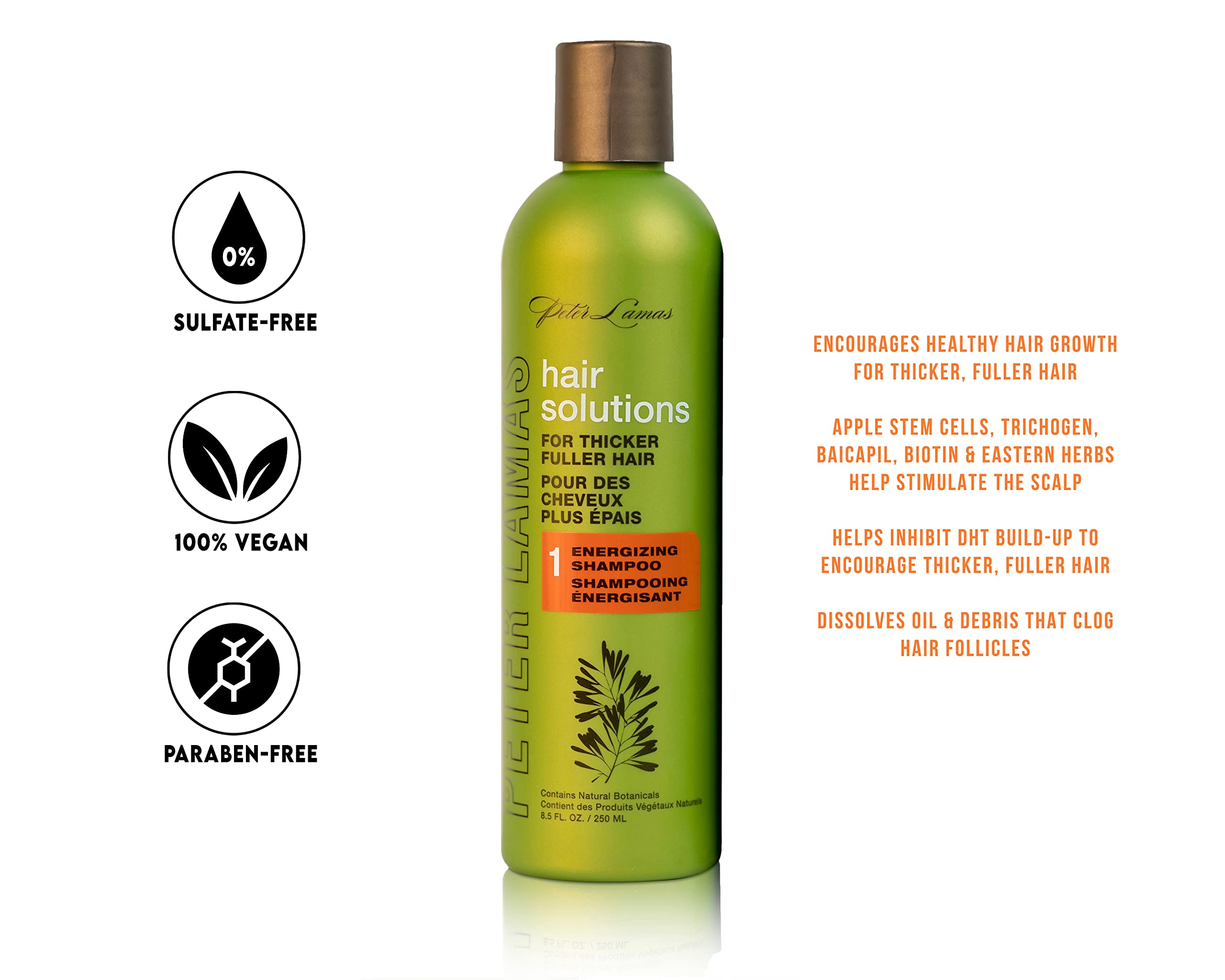 Peter Lamas shampoo bottle with botanicals and biotin promoting scalp nourishment