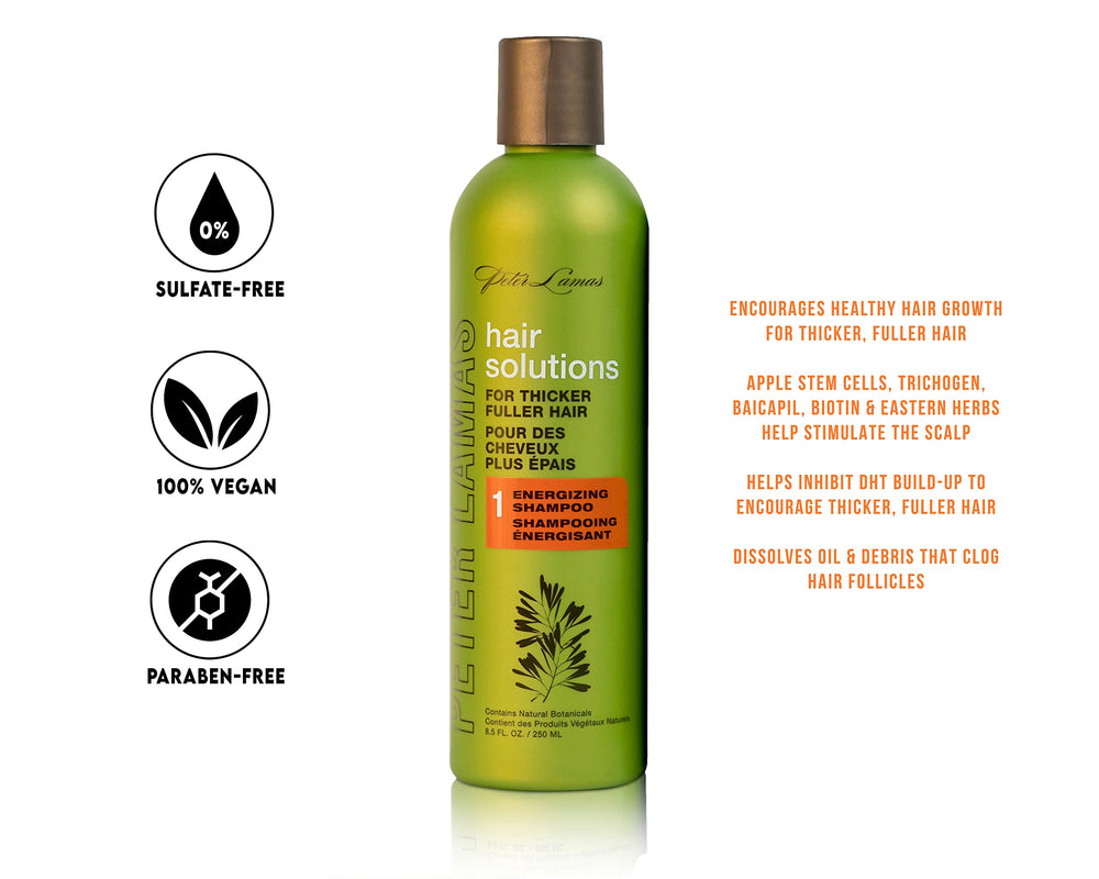 Peter Lamas shampoo bottle with botanicals and biotin promoting scalp nourishment