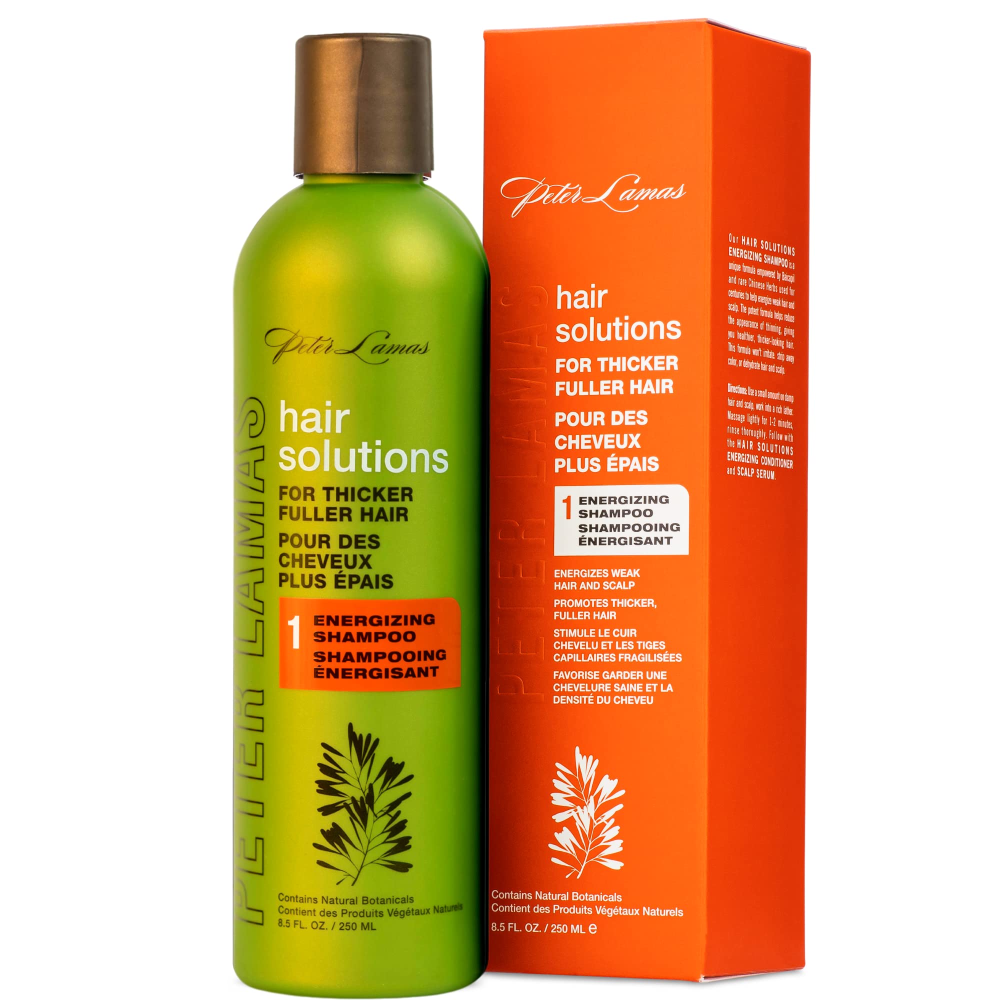 Peter Lamas Biotin Shampoo bottle with pump, promoting daily hair care and fuller-looking strands