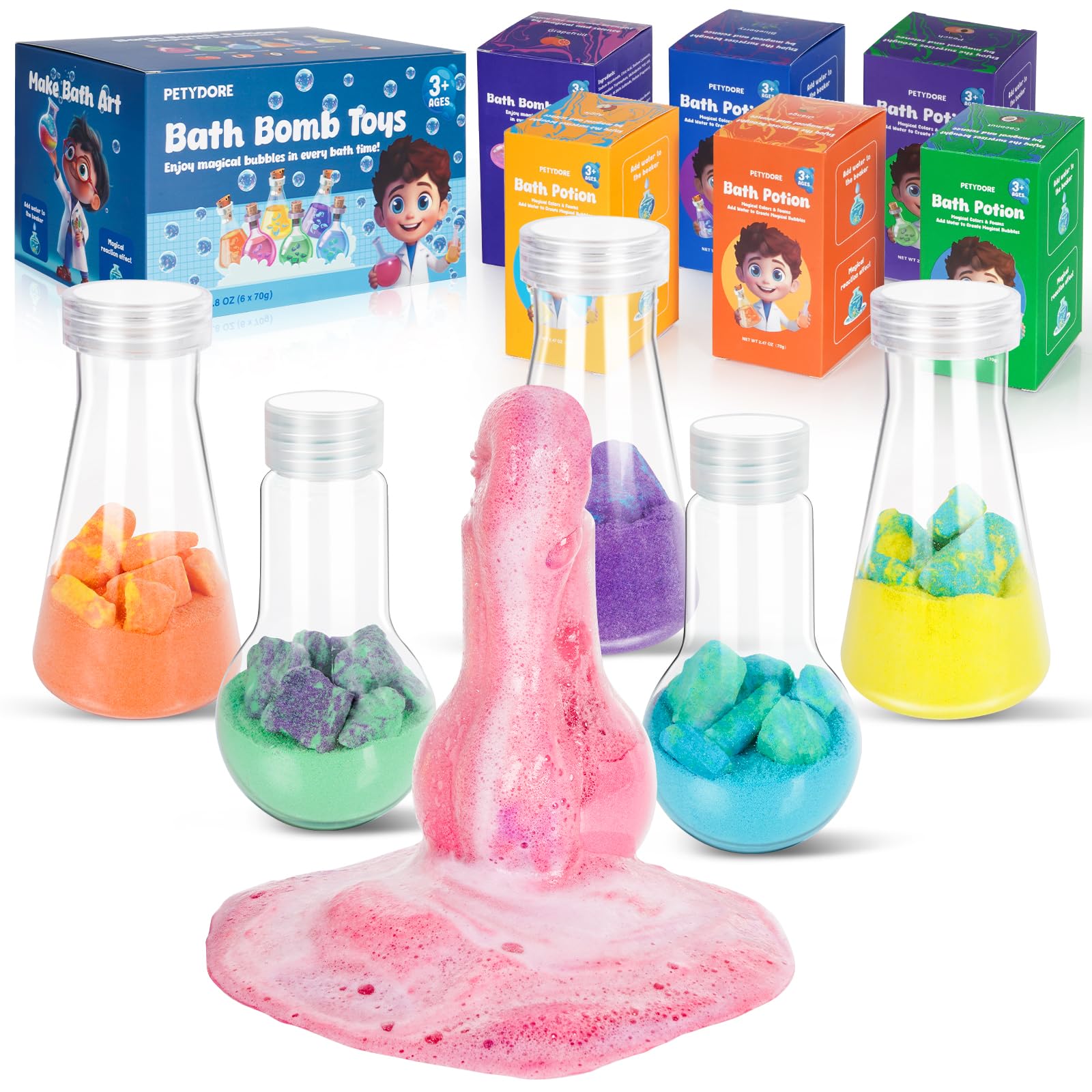 Petydore bath potion bubbles eruption in tub for a vivid, fizzy bath experience.