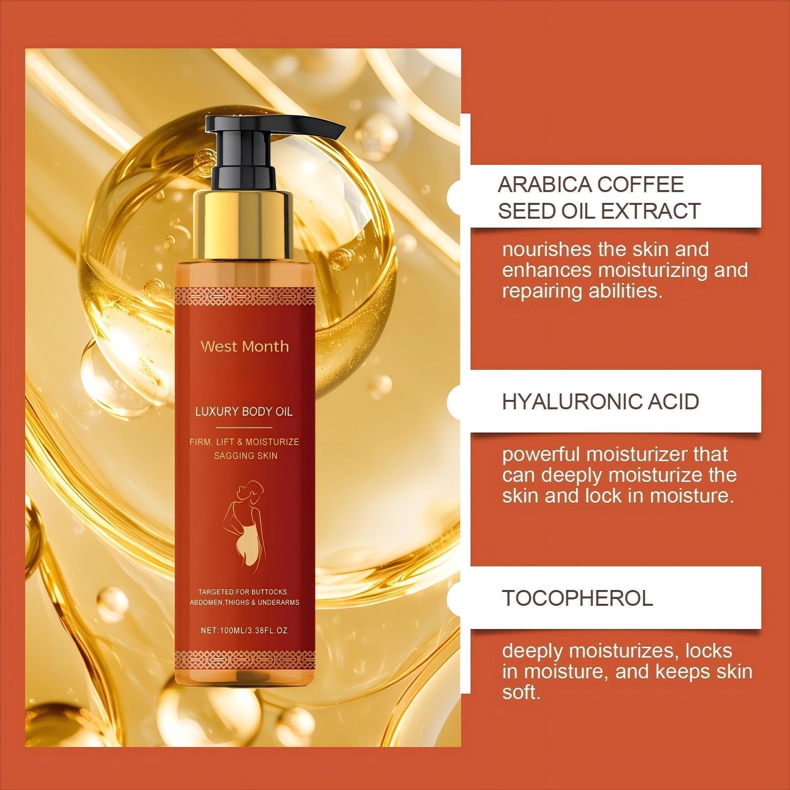 Close-up of pewatul Body Firming Oil texture showing silky absorption.