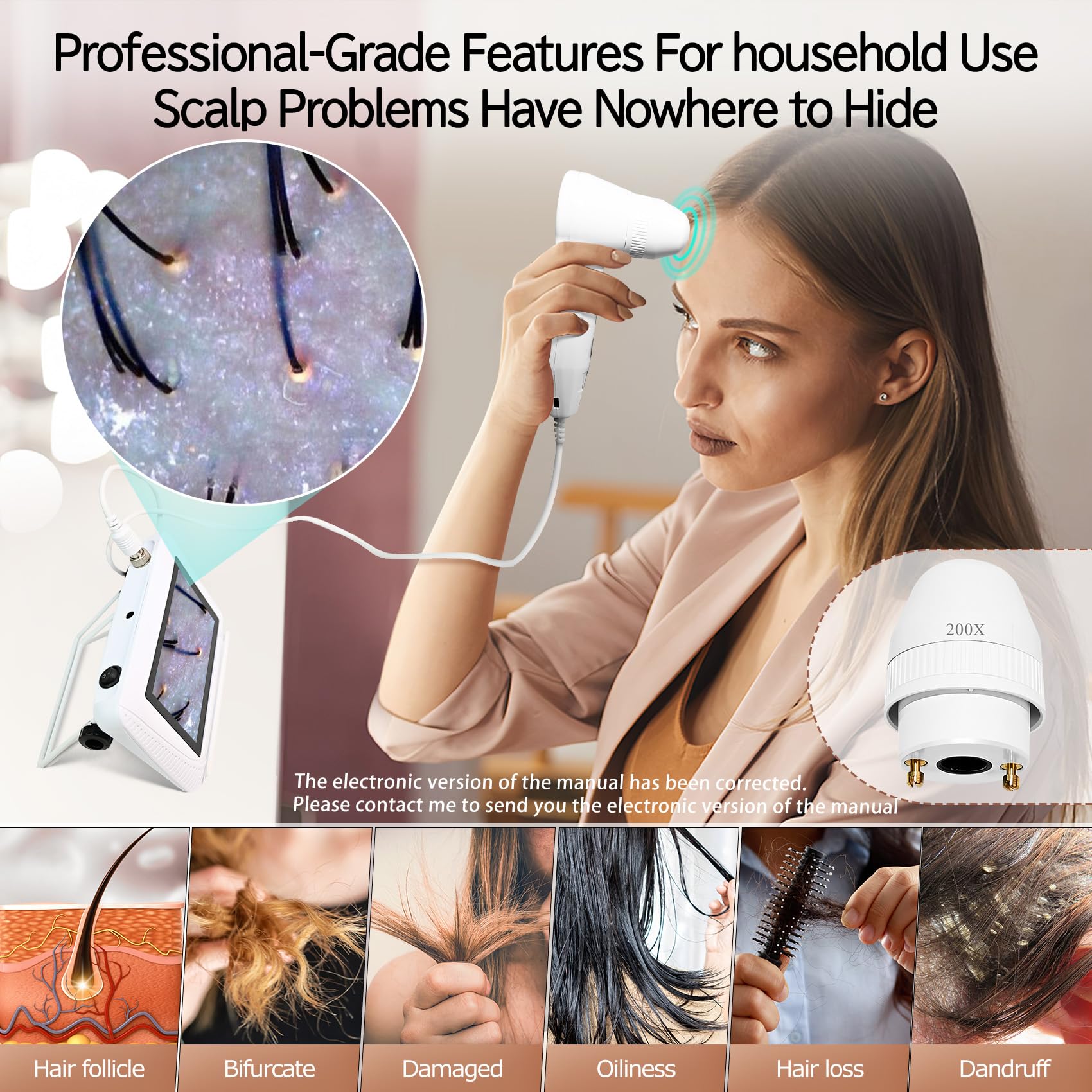 Pewoaoa Skin Hair Analyzer 5-inch LCD display shows real-time skin and hair details