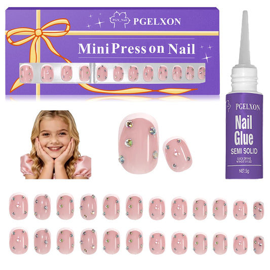 PGELXON kids press on nails: French tip with 3D rhinestones for sparkle