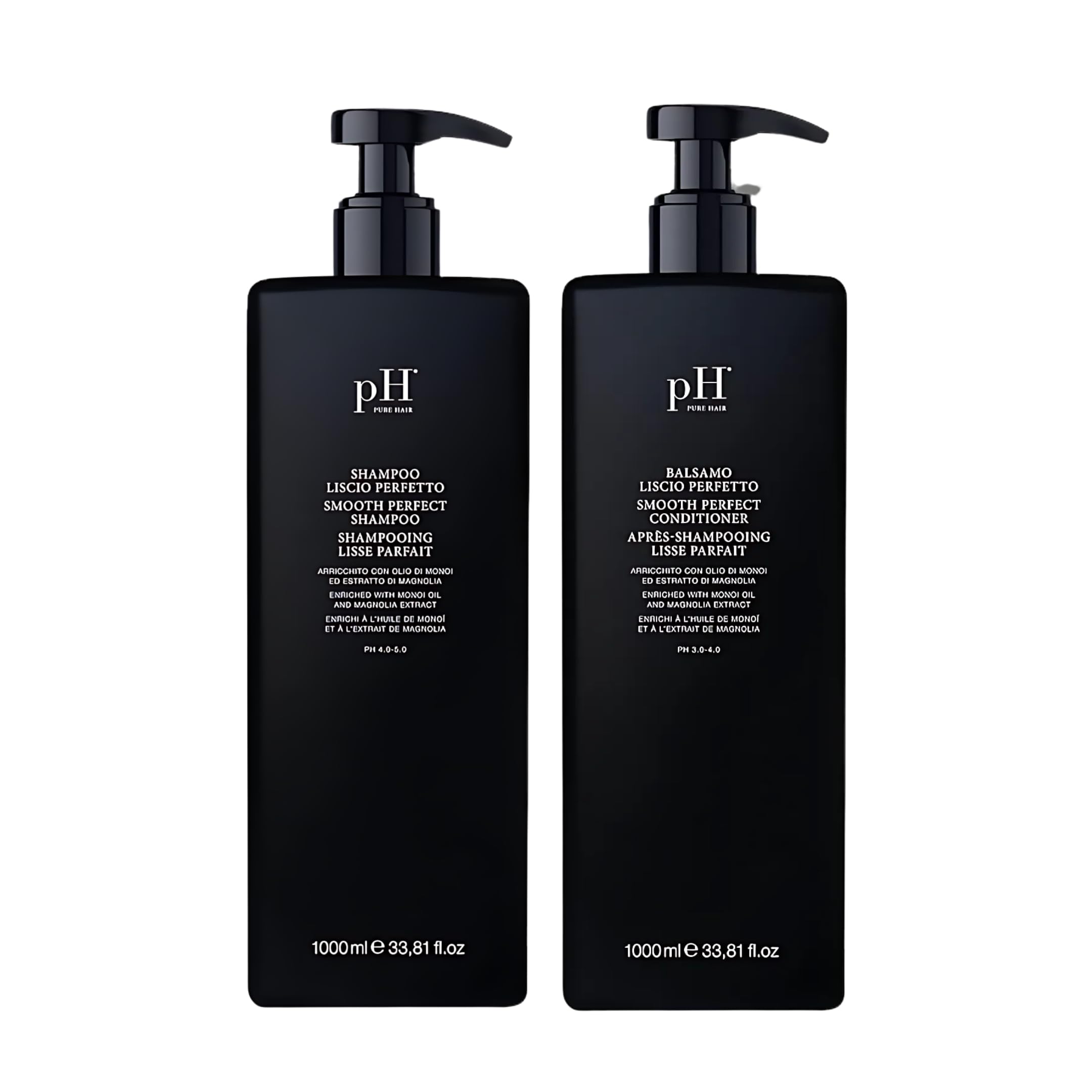 pH PURE HAIR Smooth Perfect Shampoo bottle front showing frizz control for sleek hair.