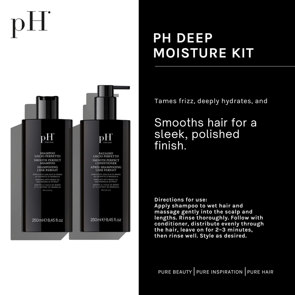 pH PURE HAIR smoothing duo on sink for daily cleansing and conditioning