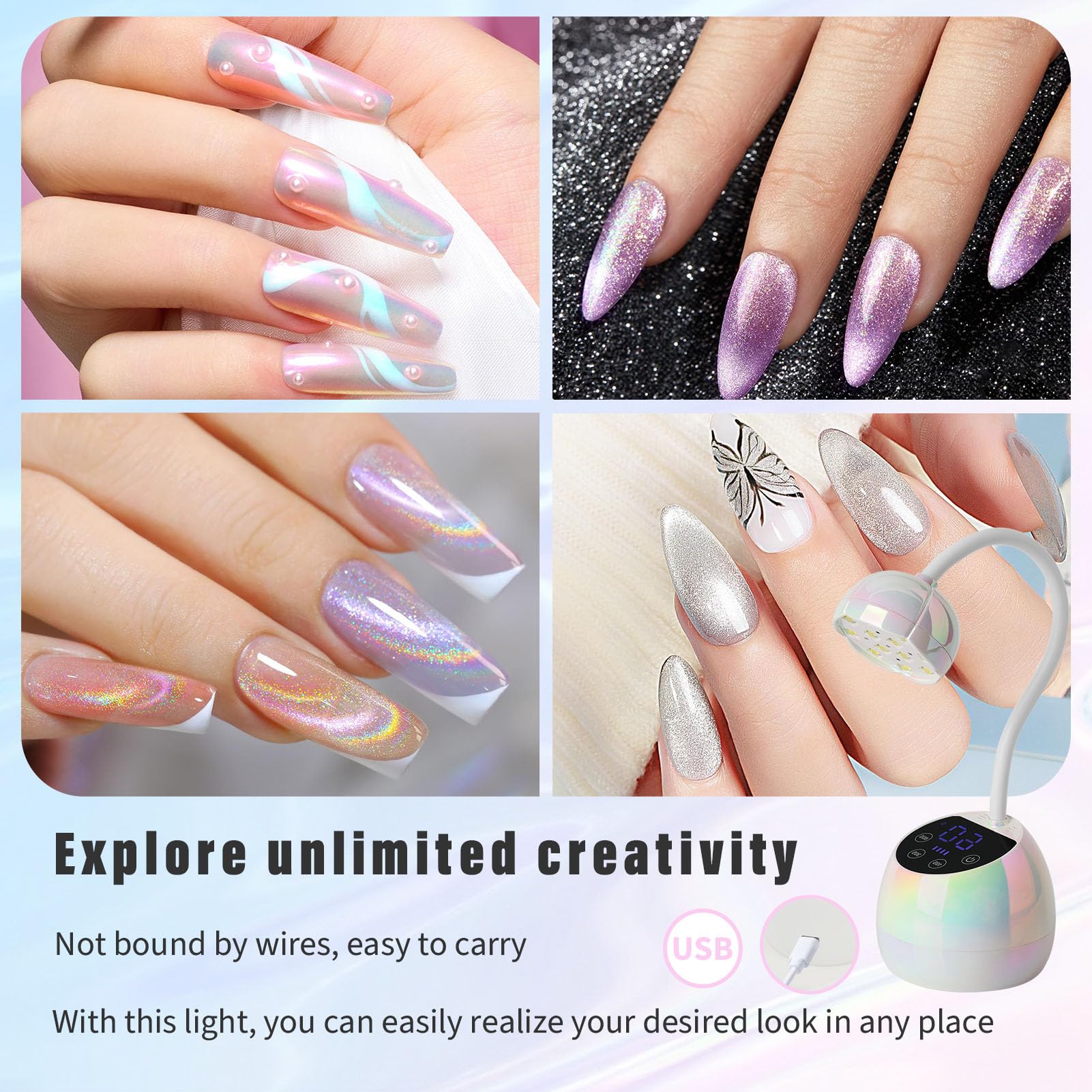 PHAIN cordless USB charging enables portable nail curing.
